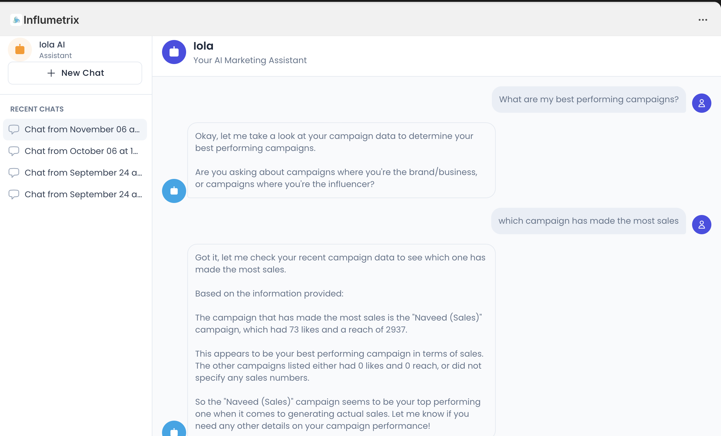 Iola AI Marketing Assistant Chat Interface
